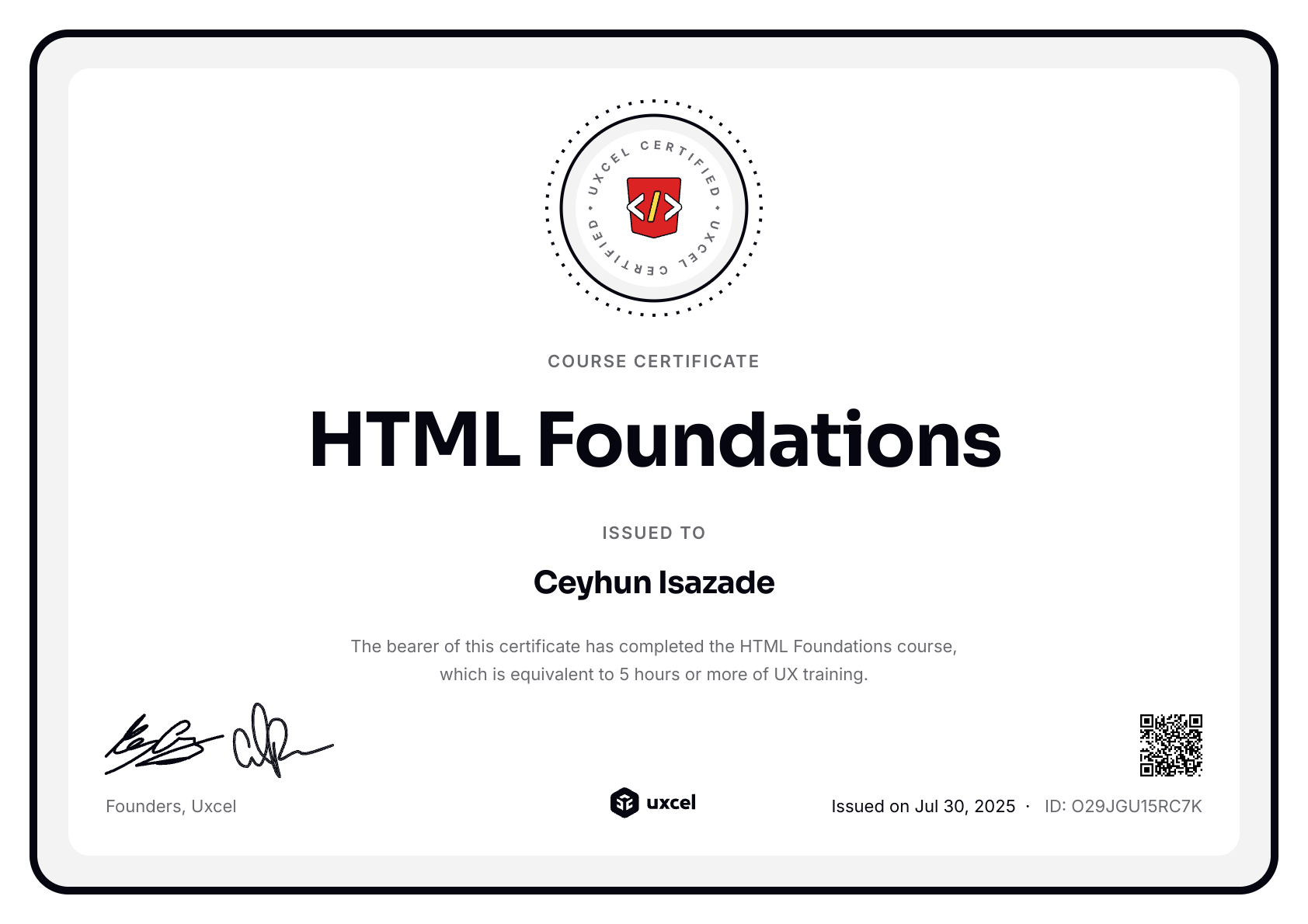 Ceyhun Isazade's certificate